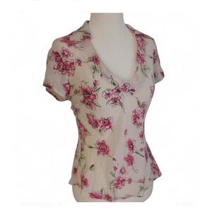 Vintage Allison Taylor Women's 90s Floral Silk Shirt Short Sleeve V Neck Size S